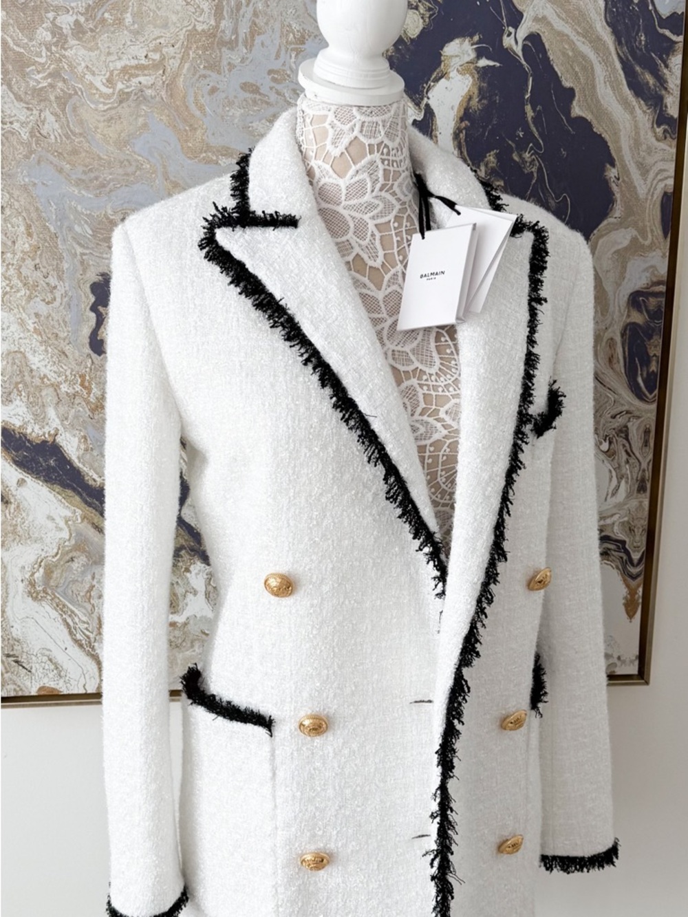 New! Balmain Tweed Metallic Double-Breasted Two-Tone Blazer Coat - Picture 12 of 15